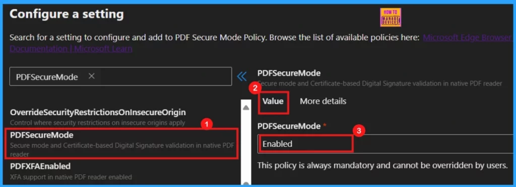 Enable or Disable PDF Secure Mode Policy in MS Edge Browser using M365 Admin Center - Fig.4