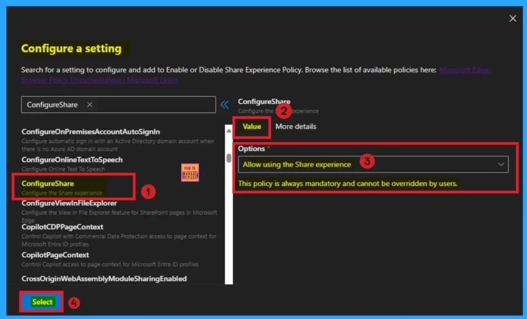 Enable or Disable Share Experience Policy in MS Edge Browser using M365 Admin Center 4 Enable or Disable Share Experience Policy in MS Edge Browser using M365 Admin Center - Fig.4