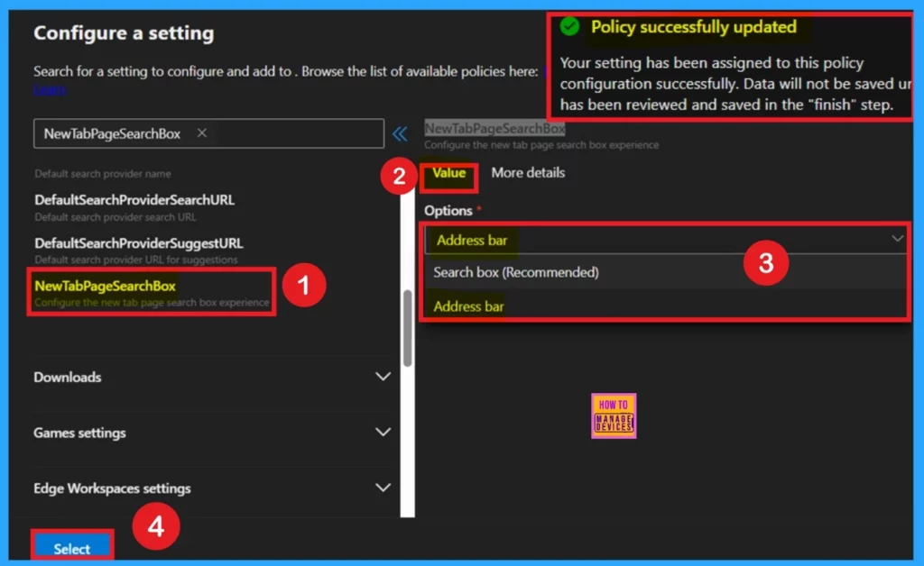 How to Configure New Tab Page Search Box Policy in MS Edge Browser using M365 Admin Center- Fig.4