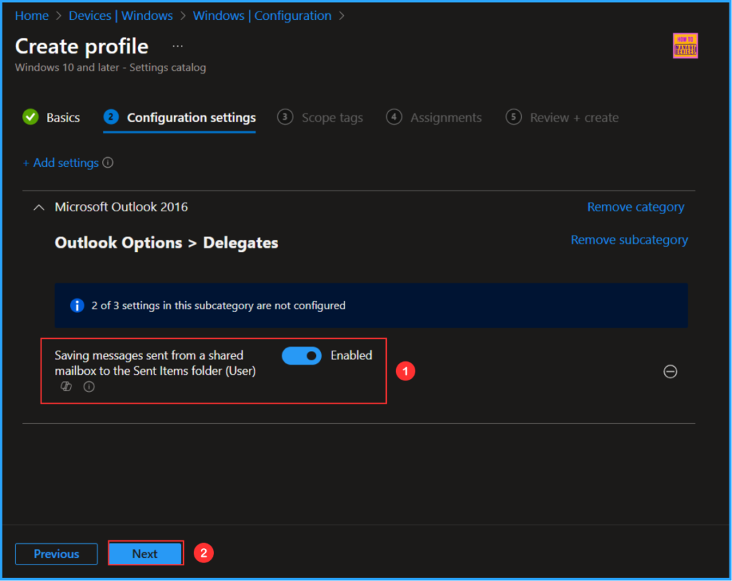 Allow Disallow to Save Messages from a Shared Mailbox to Sent Items with Intune. Fig. 7
