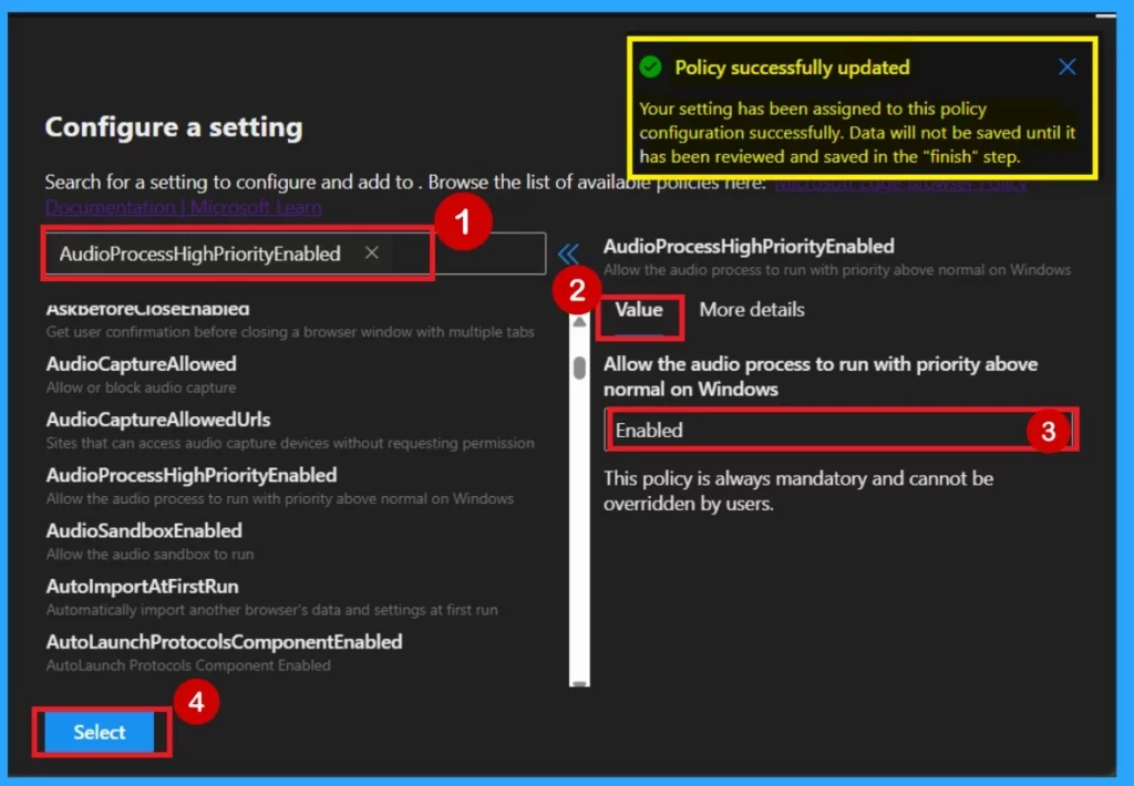 Enable Disable Audio Process High Priority Policy in MS  Edge Browser using M365 Admin Center - Fig.4