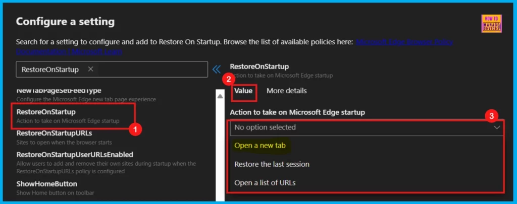 How to Configure Restore on Startup Policy in MS Edge Browser using M365 Admin Center 5 How to Configure Restore on Startup Policy in MS Edge Browser using M365 Admin Center - Fig.4