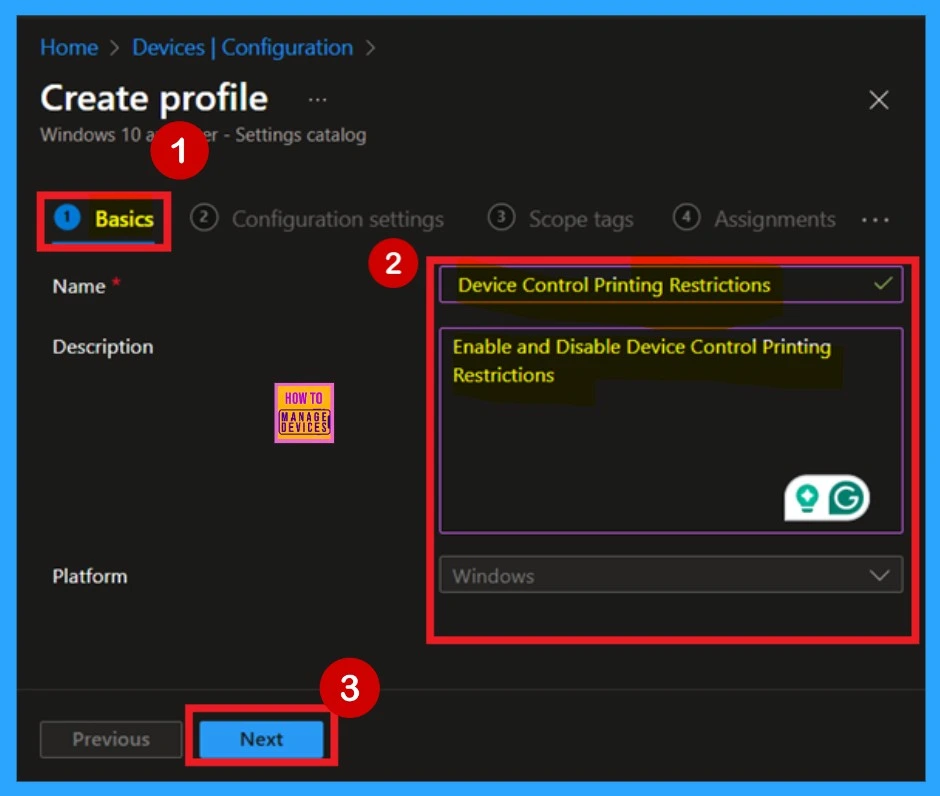 Enable Disable Device Control Printing Restrictions Policy using Intune - Fig.3