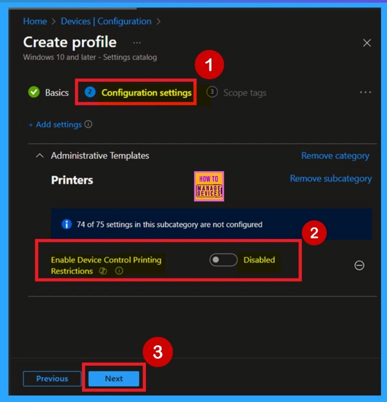 Enable Disable Device Control Printing Restrictions Policy using Intune - Fig.5