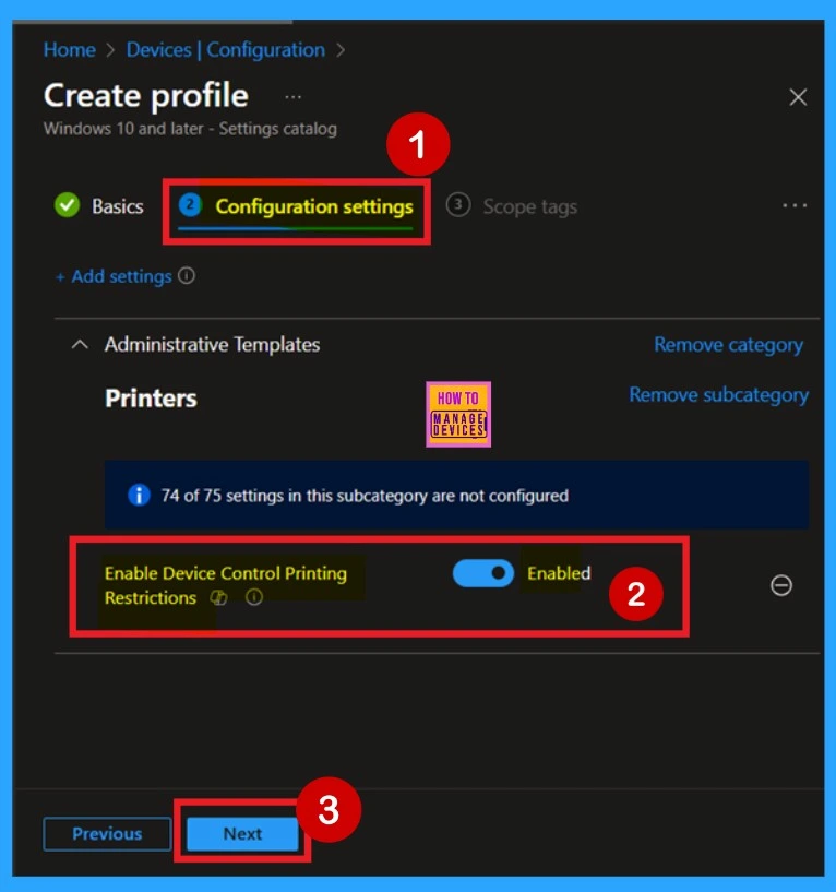 Enable Disable Device Control Printing Restrictions Policy using Intune - Fig.6