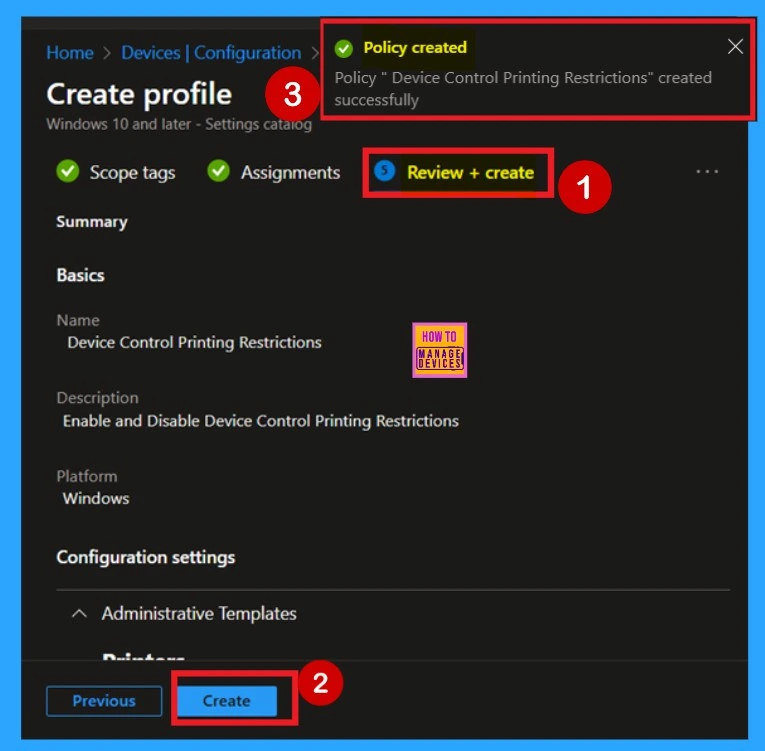 Enable Disable Device Control Printing Restrictions Policy using Intune - Fig.9
