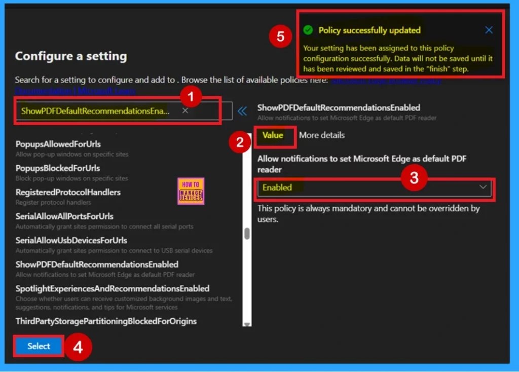 Enable Disable Show PDF Default Recommendations Policy in MS Edge using M365 Admin Center 5 Enable Disable Show PDF Default Recommendations in MS Edge using M365 - Fig. 4