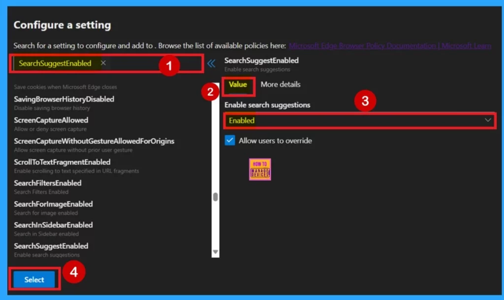 Enable Disable Web Search Suggestions Policy in MS Edge Browser using M365 Admin Center- Fig.4