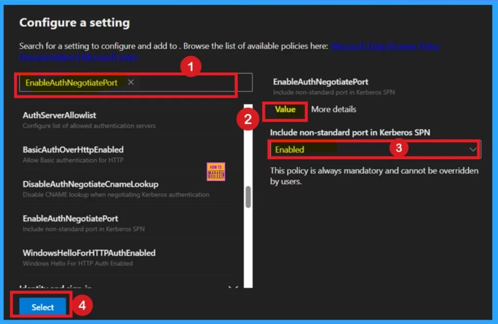 Enable or Disable Auth Negotiate Port Policy in MS Edge using M65 Admin Center 4 Enable or Disable Auth Negotiate Port Policy in MS Edge using M65 Admin Center - Fig.4