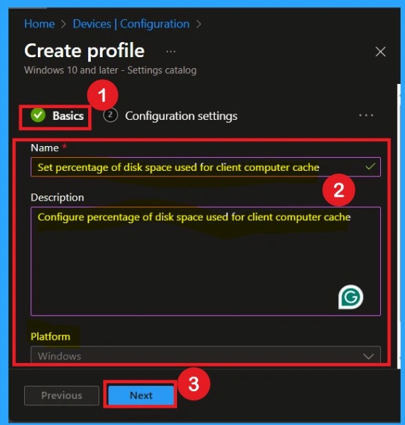 Configure Percentage of Disk Space used for Client Computer Cache using Intune Policy 2 Configure Percentage of Disk Space used for Client Computer Cache using Intune Policy- Fig.2