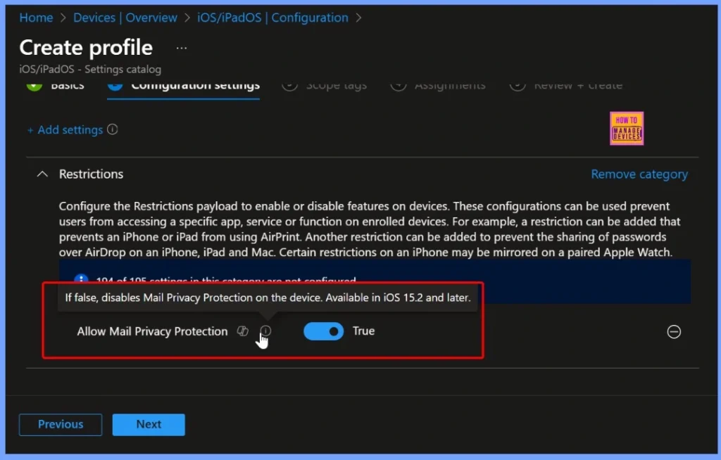 Block Mail Privacy Protection on iOS Devices using Intune Policy 5 Block Mail Privacy Protection on iOS Devices using Intune Policy - Fig.5
