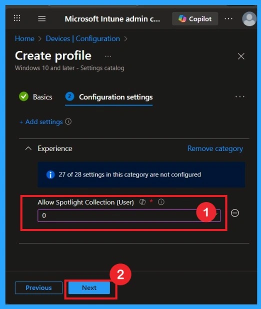 Blocking User Access to Spotlight Personalization Features using Intune Policy 5 Blocking User Access to Spotlight Personalization Features using Intune Policy- Fig.5