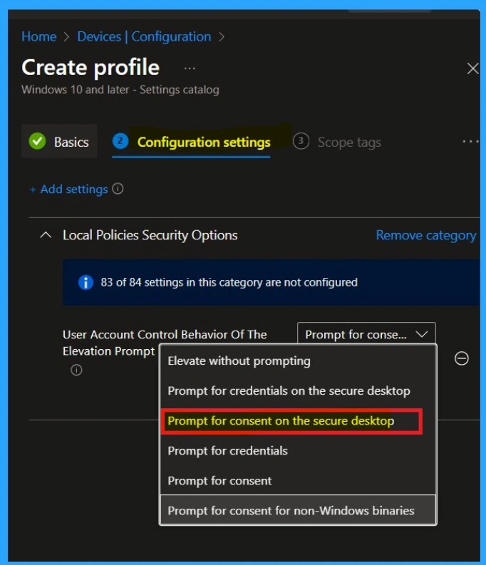 Enhancing System Security by Configuring UAC Elevation Prompts using Intune policy -Fig.6