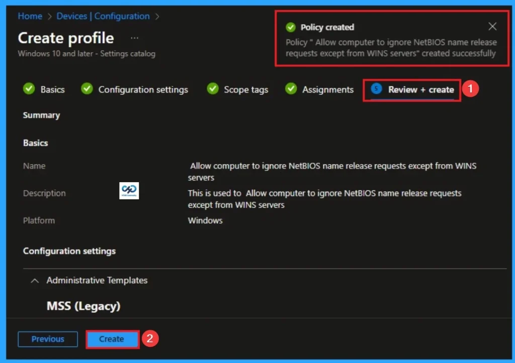 Enable Computer to Ignore NetBIOS Name Release Requests Except from WINS Servers using Intune - Fig.9