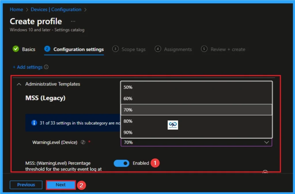Enable Percentage Threshold for Security Event Log at which System will Generate a Warning using Intune - Fig.6
