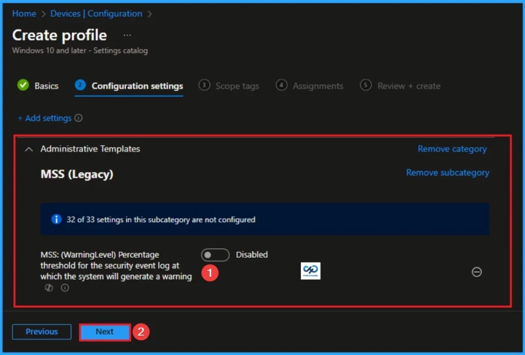 Enable Percentage Threshold for Security Event Log at which System will Generate a Warning using Intune - Fig.5