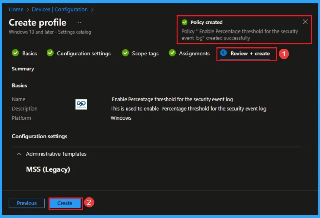 Enable Percentage Threshold for Security Event Log at which System will Generate a Warning using Intune - Fig.9