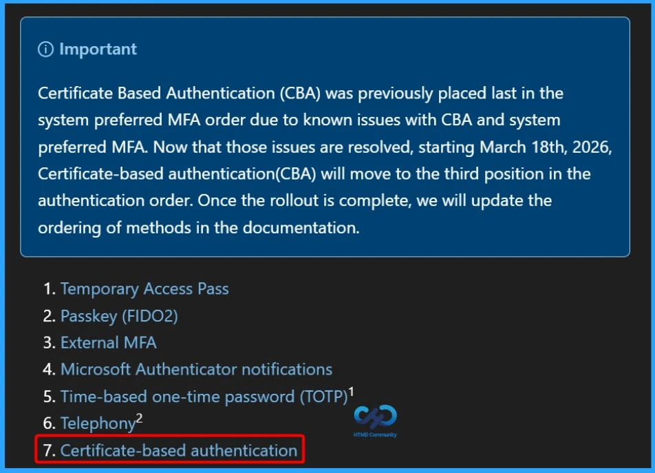 Entra CBA Moves from Last to Third in System-Preferred MFA Order to Improve Reliability and User Experience - Fig.1