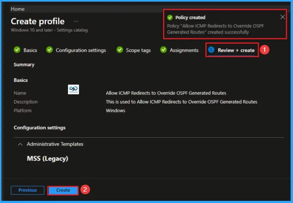 Allow ICMP Redirects to Override OSPF Generated Routes Policy using Intune - Fig.9