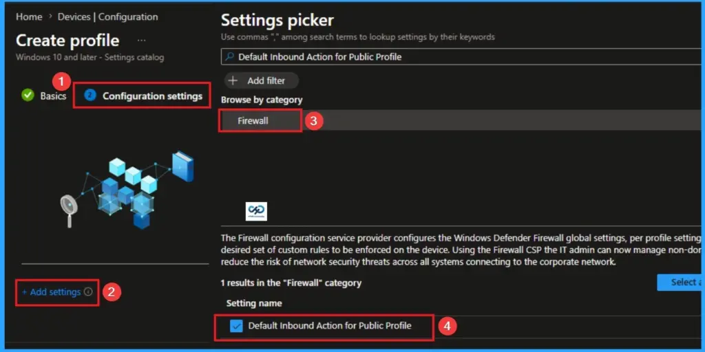 Default Inbound Action for Public Profile in Windows Defender Firewall using Intune - Fig.4