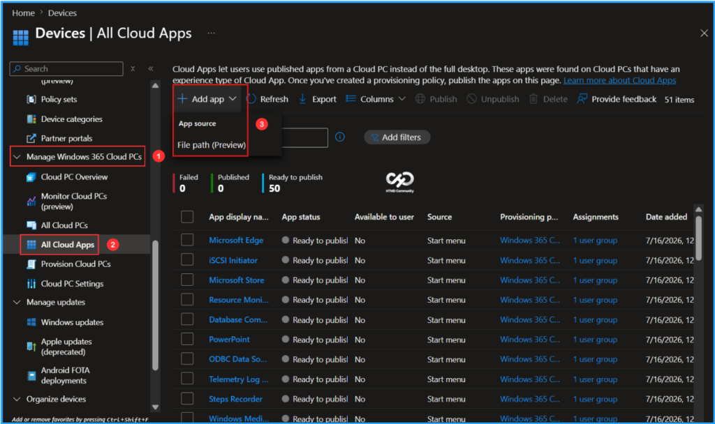 Add Windows 365 Cloud Apps from File Path using Microsoft Intune. Fig. 1
