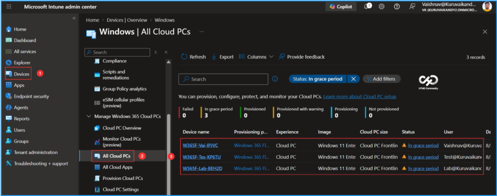 Bulk Reprovisioning of Windows 365 Cloud PCs in Grace Period using Intune 2 Bulk Reprovisioning of Windows 365 Cloud PCs in Grace Period using Intune. Fig. 1