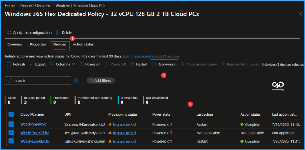 Bulk Reprovisioning of Windows 365 Cloud PCs in Grace Period using Intune 4 Bulk Reprovisioning of Windows 365 Cloud PCs in Grace Period using Intune. Fig. 3