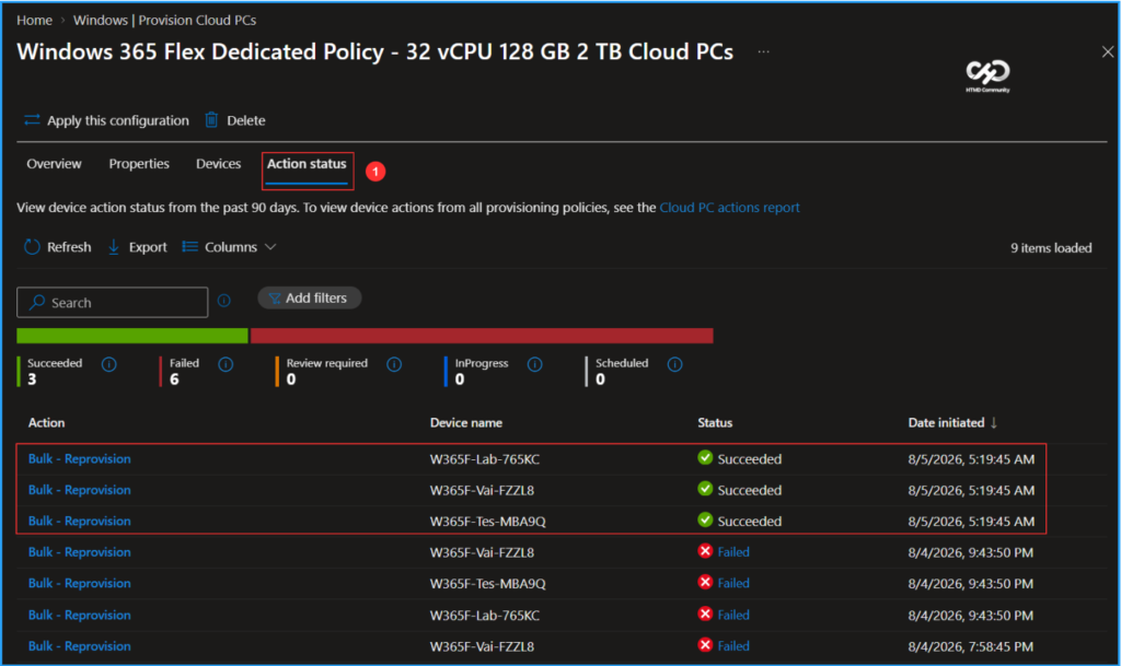 Bulk Reprovisioning of Windows 365 Cloud PCs in Grace Period using Intune 8 Bulk Reprovisioning of Windows 365 Cloud PCs in Grace Period using Intune. Fig. 7
